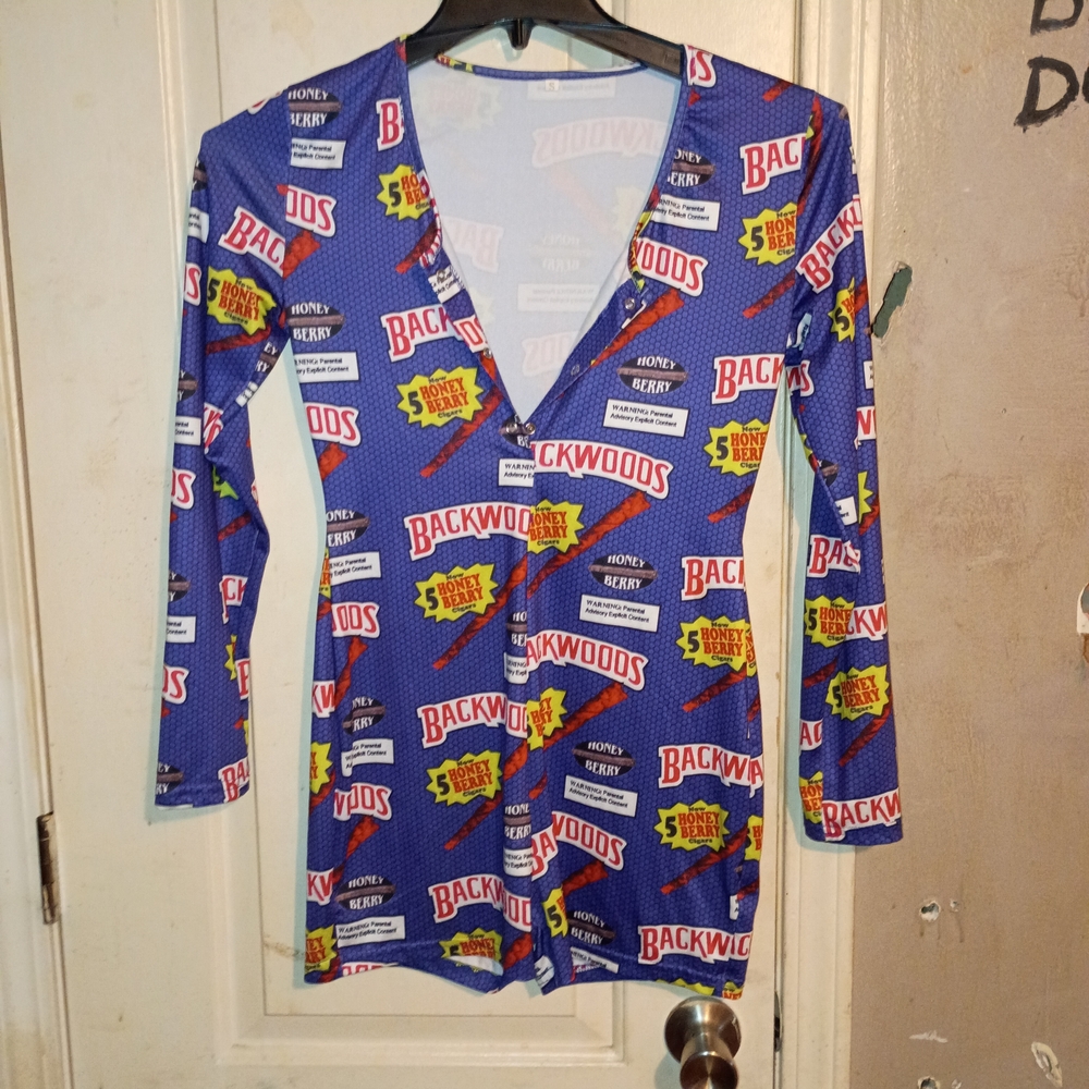 Backwoods Graphic Print Long Sleeve Top - Blue with Yellow & Red Logos
